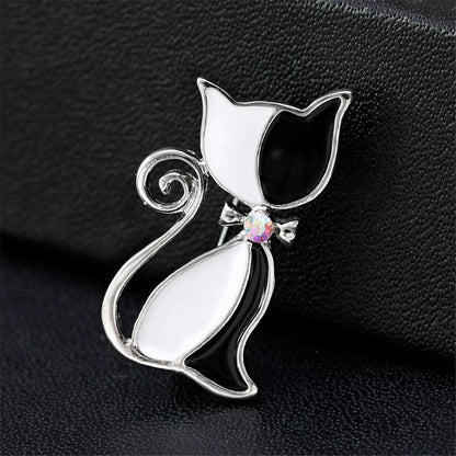 Cubic Zirconia & Black Enamel Silvertone Kitty Brooch