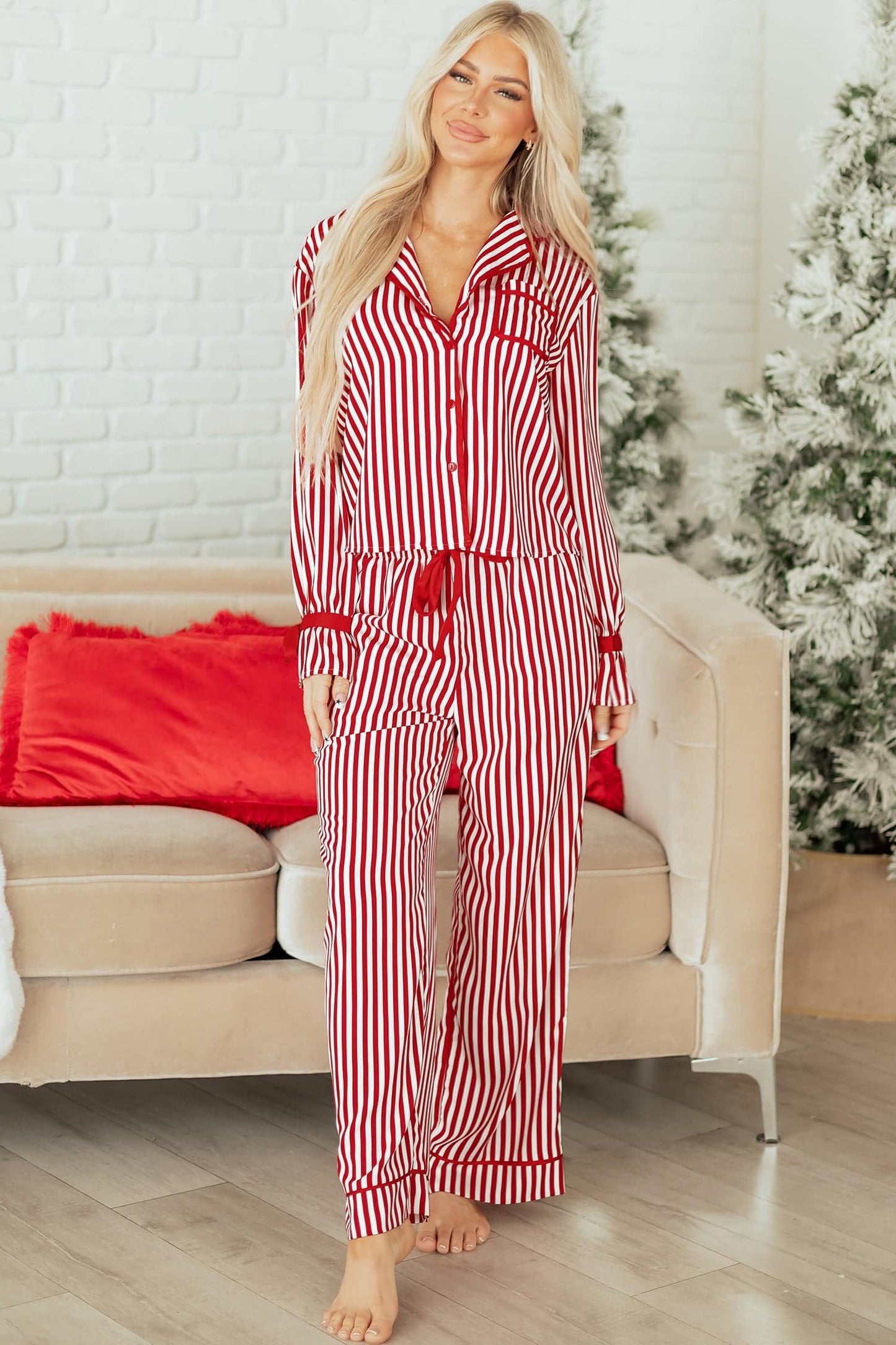 Virginia Waist 2pcs Pajama Set - Red Stripe / L - 12/14