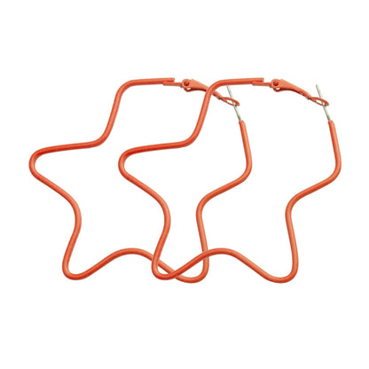 Orange Enamel & Silvertone Star Hoop Earrings