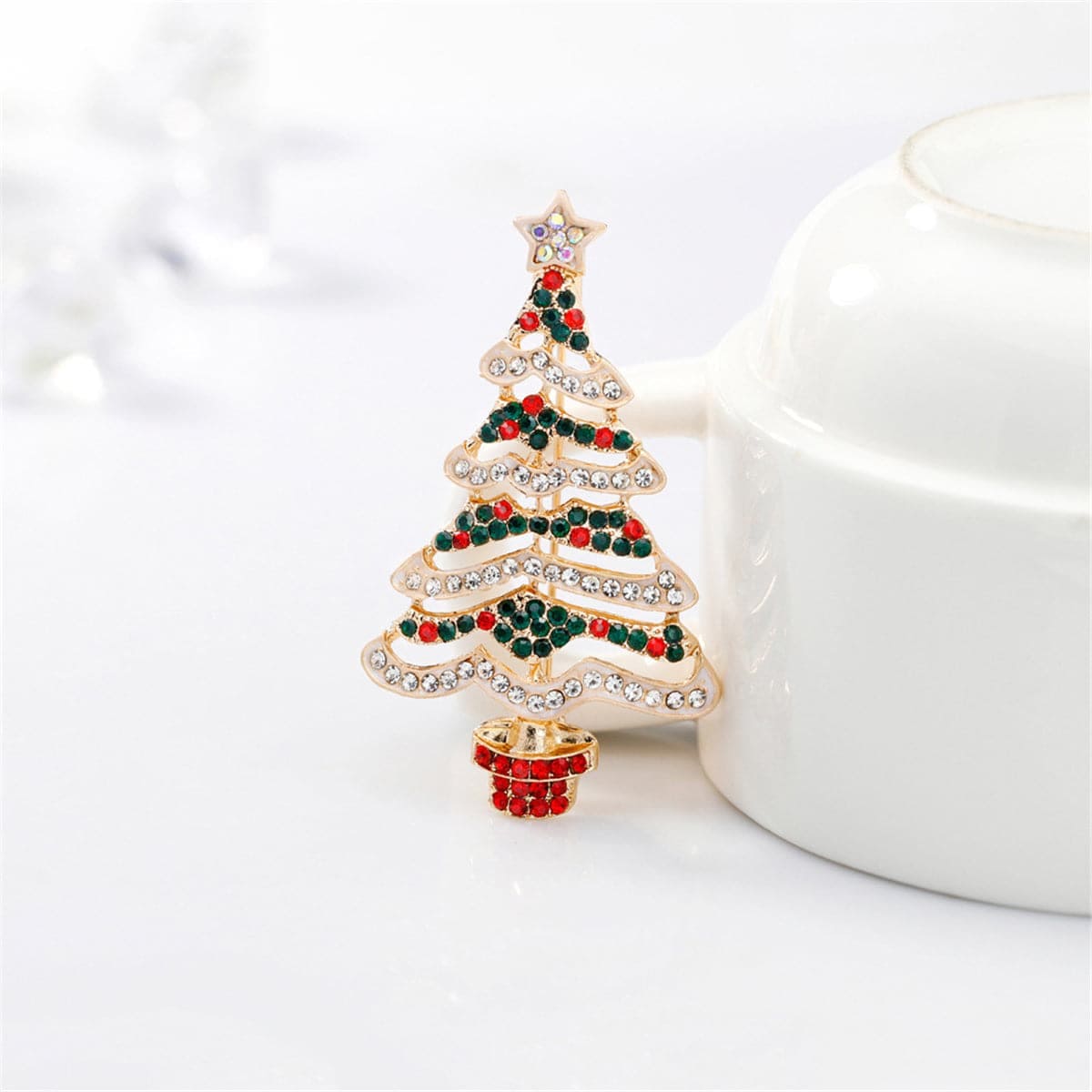 Cubic Zirconia & Goldtone Potted Christmas Tree Brooch