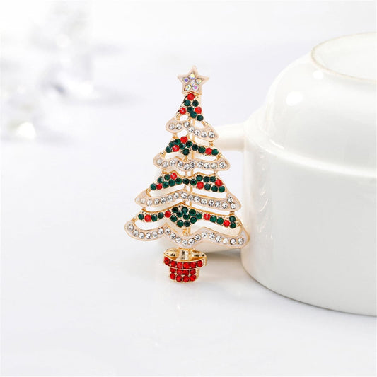 Cubic Zirconia & Goldtone Potted Christmas Tree Brooch