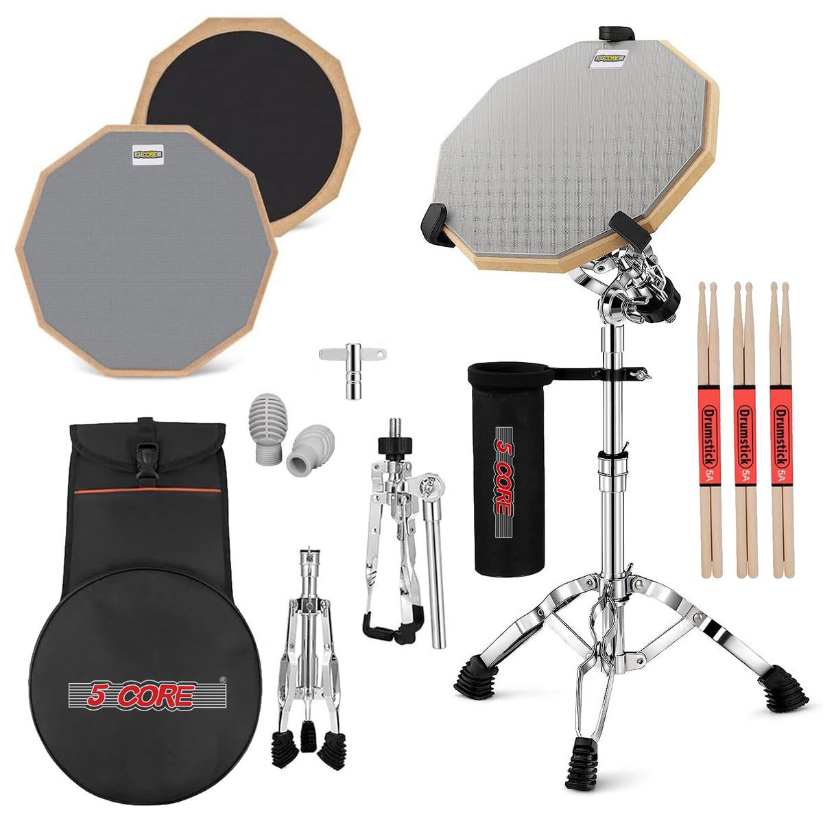 5 Core Drum Practice Pad Set 12" Adjustable Snare Drumming Stand Double Sided Silent Drummer Kit - DPAD COMBO GREY - Gray