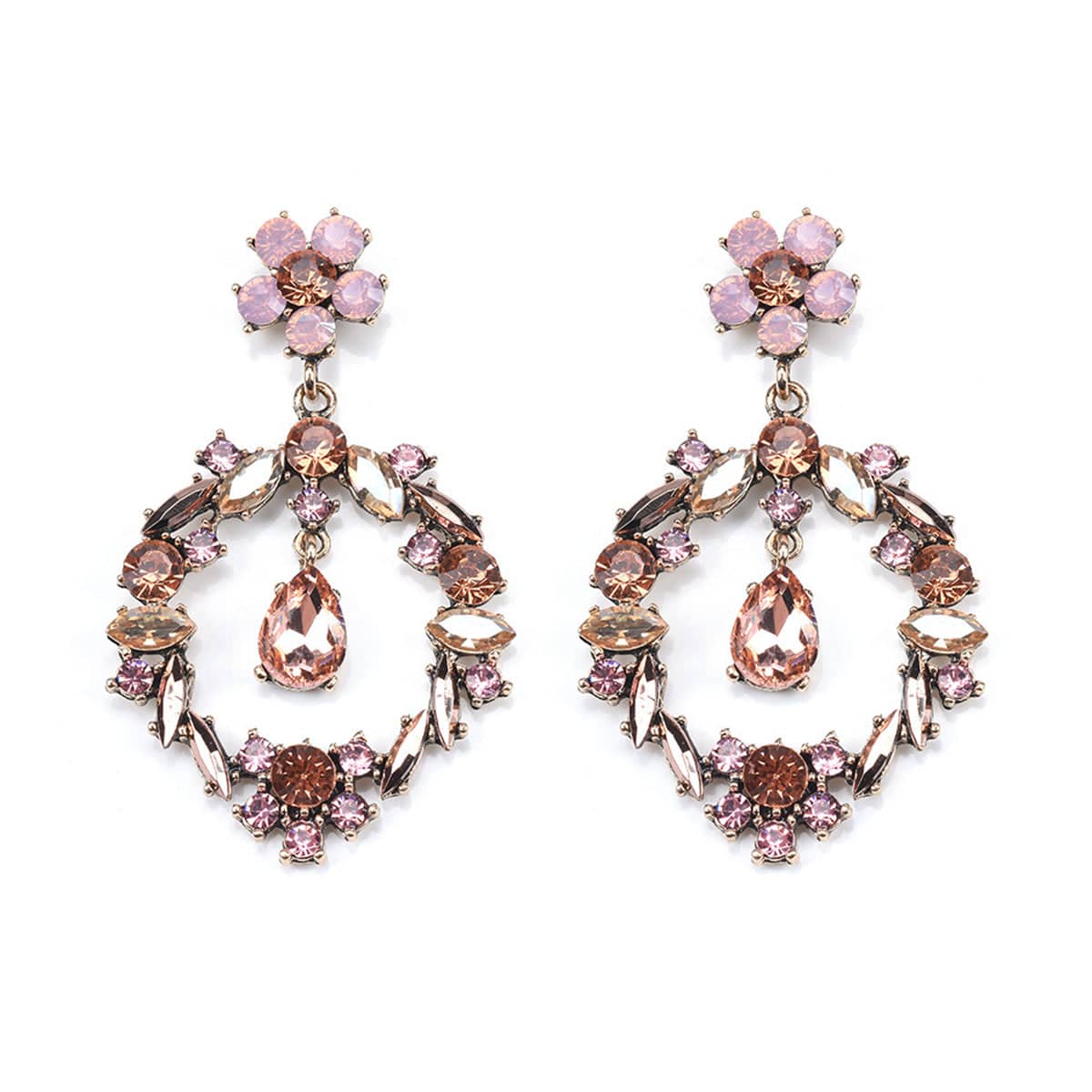 Champagne Crystal & Cubic Zirconia Open Flower Drop Earrings