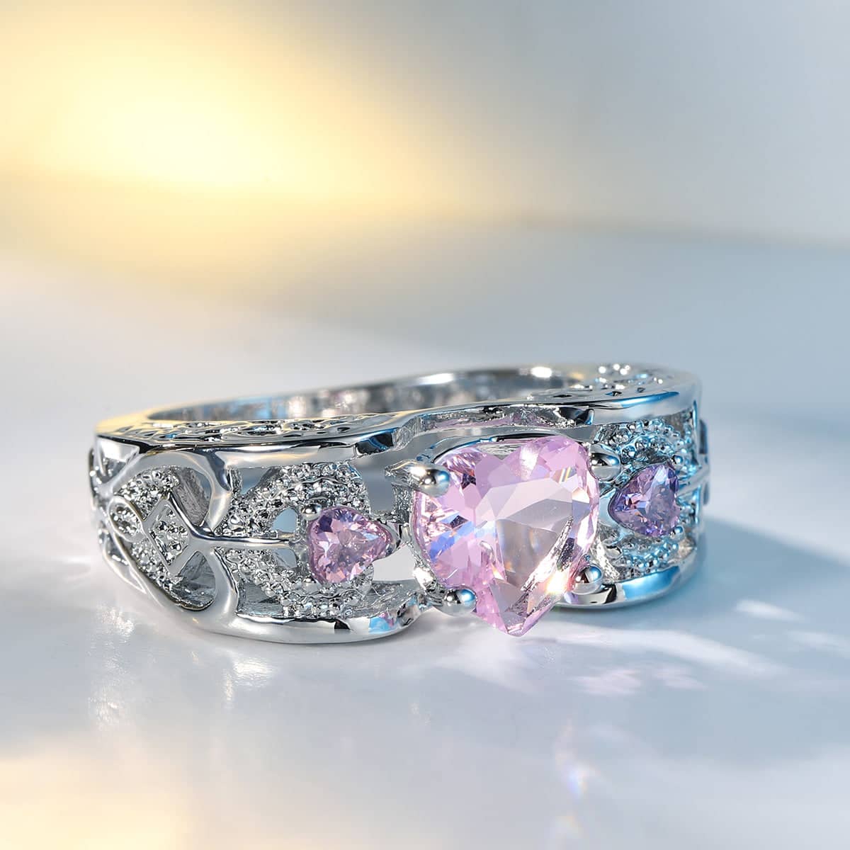Pink Crystal & Cubic Zirconia Heart Band Ring-3