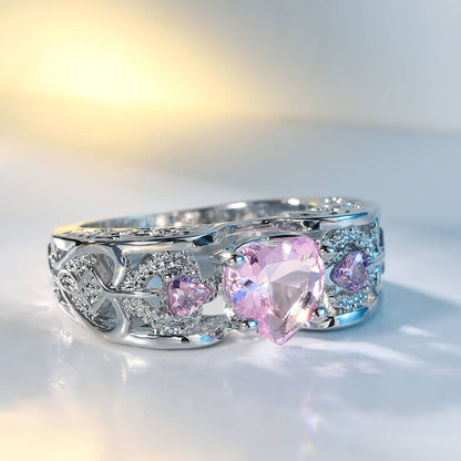 Pink Crystal & Cubic Zirconia Heart Band Ring-3