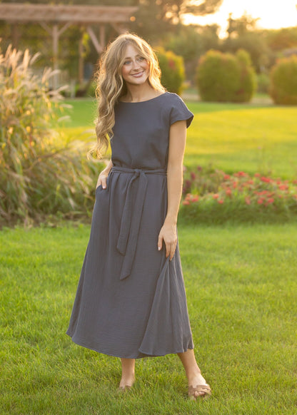 Lily Navy Gauze Belted Midi Dress