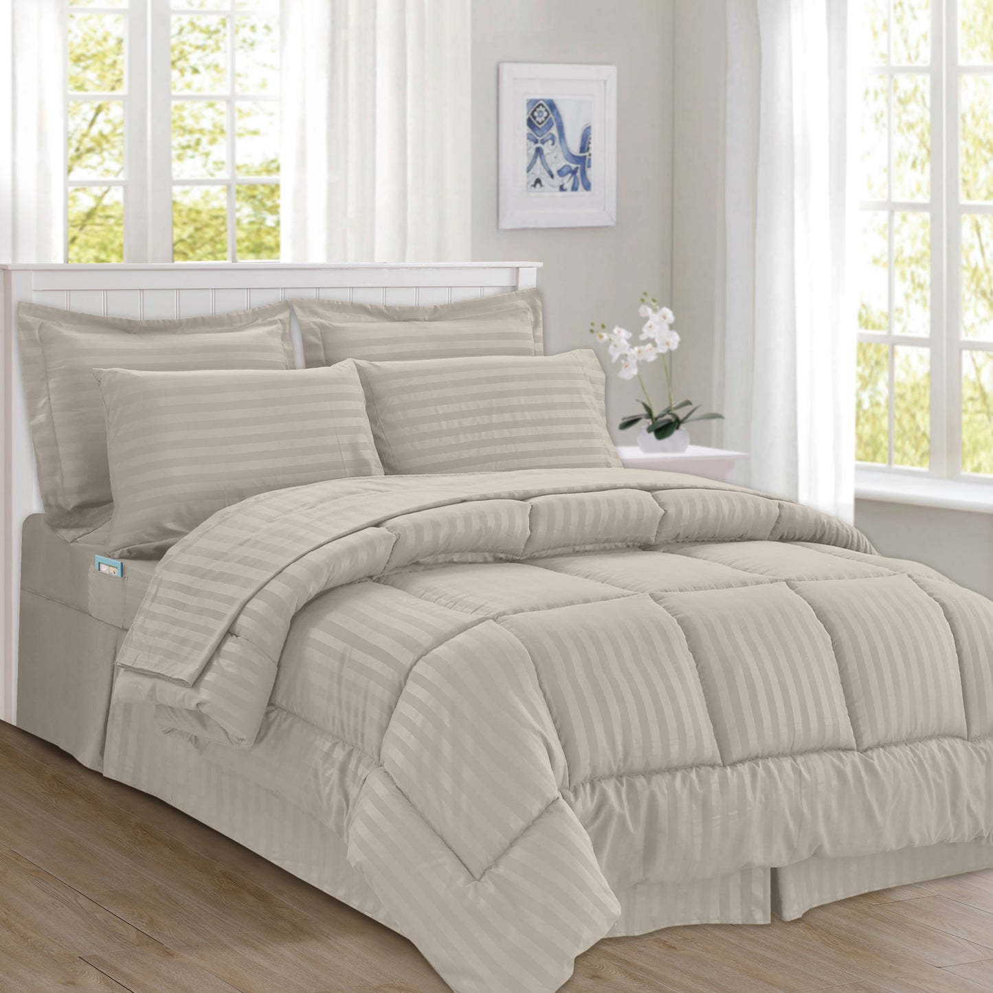 Elegant Comfort 8-Piece Dobby Stripe Comforter Set - Includes 4-Piece Sheet Set with Double Sided Storage Pockets