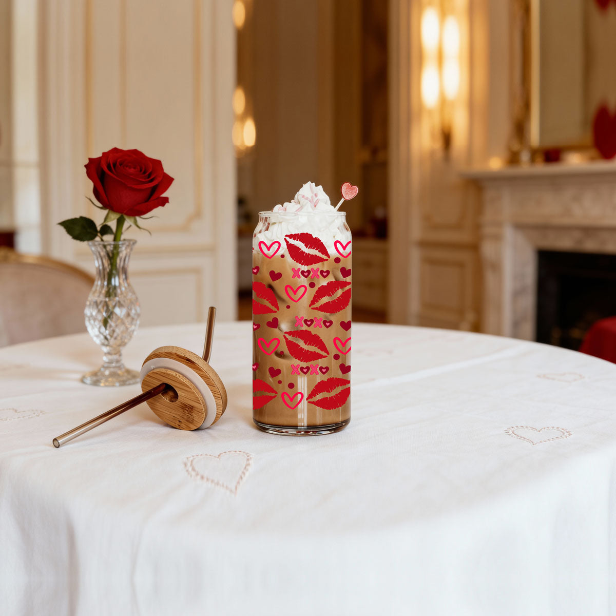 Fun and trendy 20oz glass cups with red lips, hearts, and pink XOXO.
Cute and chic 20oz glass cups with red lips and heart designs for gifting.
Red lips, hearts, and XOXO 20oz glass cups for a bold Valentine’s gift.