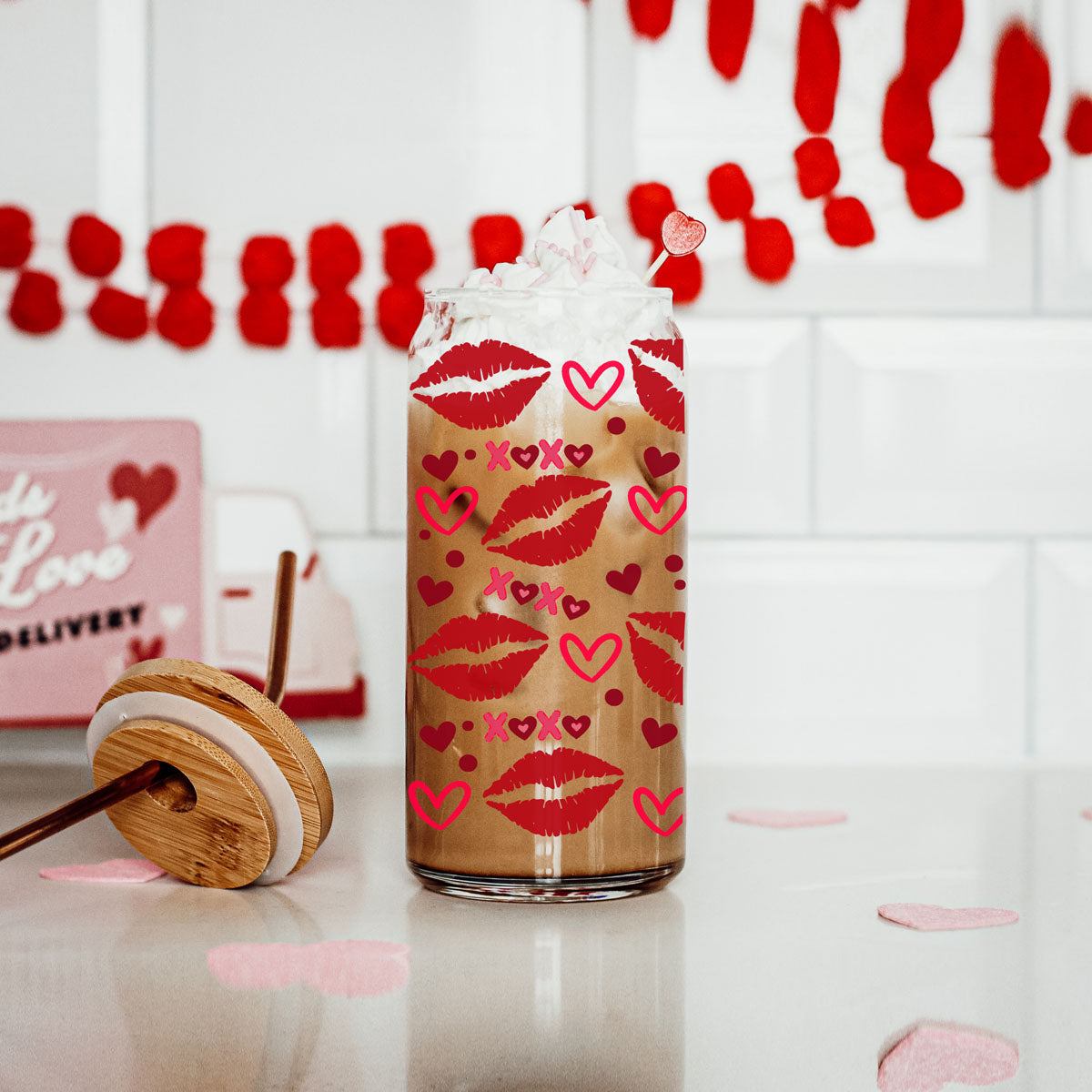 Festive 20oz glass tumblers featuring pink and red XOXO and heart designs.
Bold red lips and XOXO 20oz glass cups for a sassy Valentine’s gift.
Playful 20oz glass cups with red lips, hearts, and XOXO for Galentine’s Day fun.