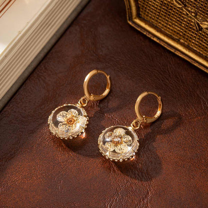Yellow Pressed Flower & Goldtone Round Huggie Earrings