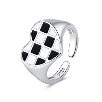 Black Enamel & Silvertone Checkerboard Heart Open Ring