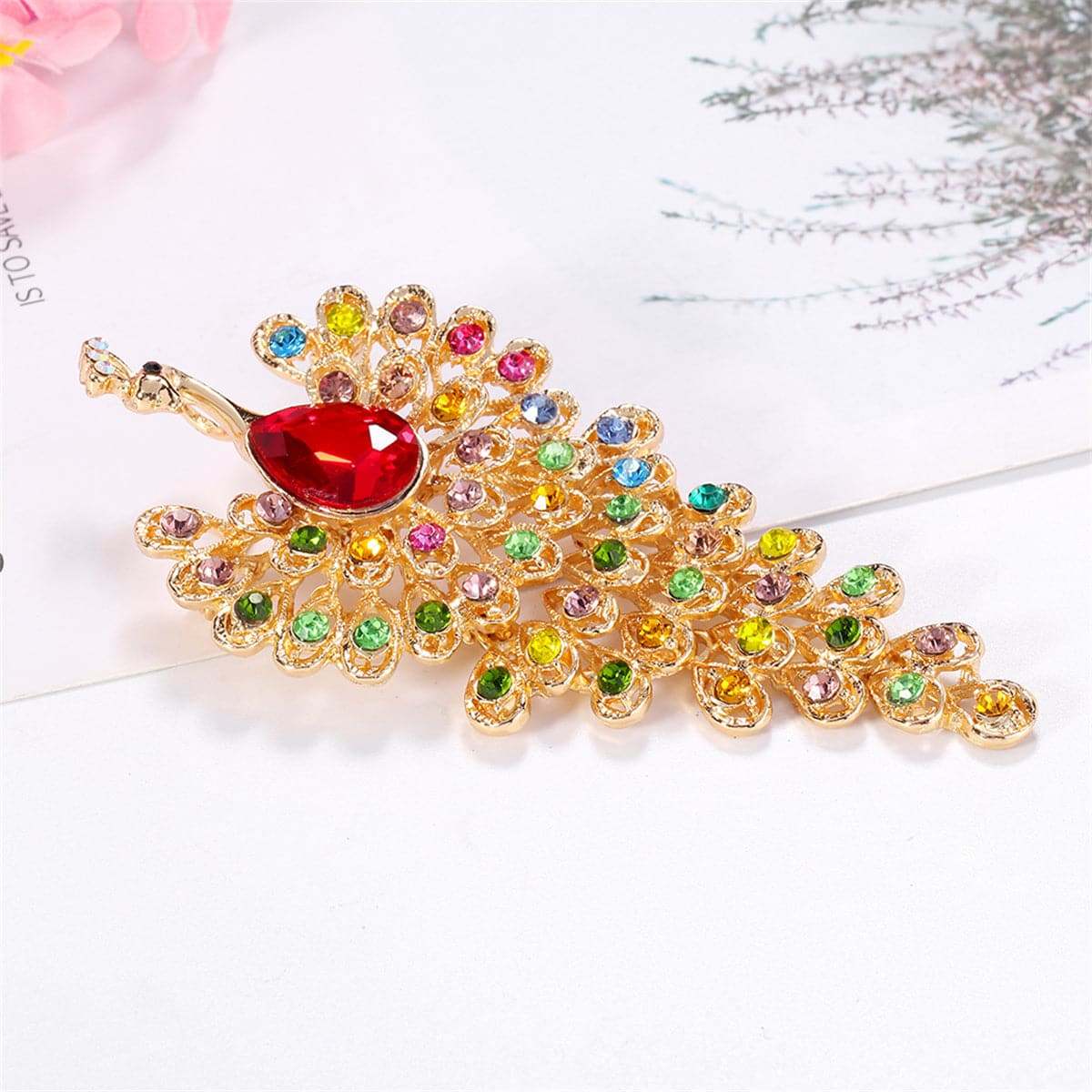 Red Crystal & Cubic Zirconia Goldtone Peacock Brooch