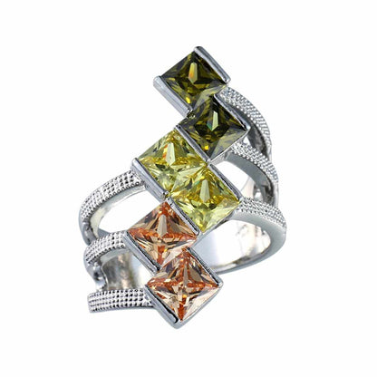 Green Crystal & Silvertone Princess-Cut Ring