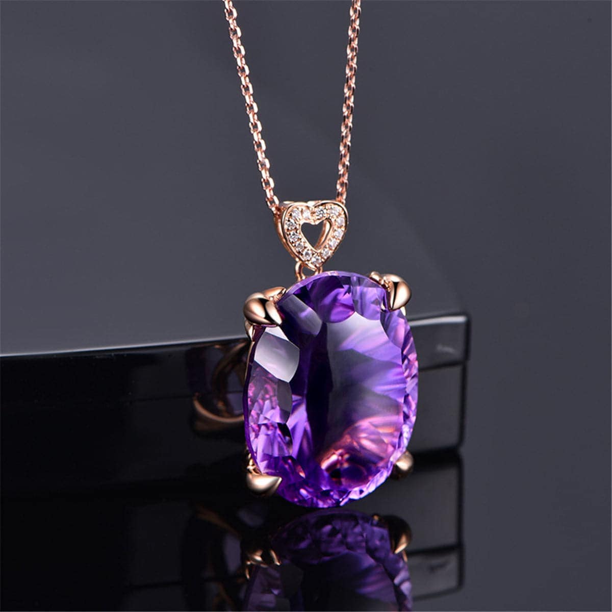 Purple Crystal & Cubic Zirconia Heart Oval Pendant Necklace