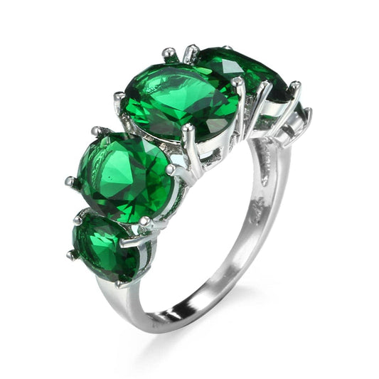 Green Crystal & Silvertone Oval Ring