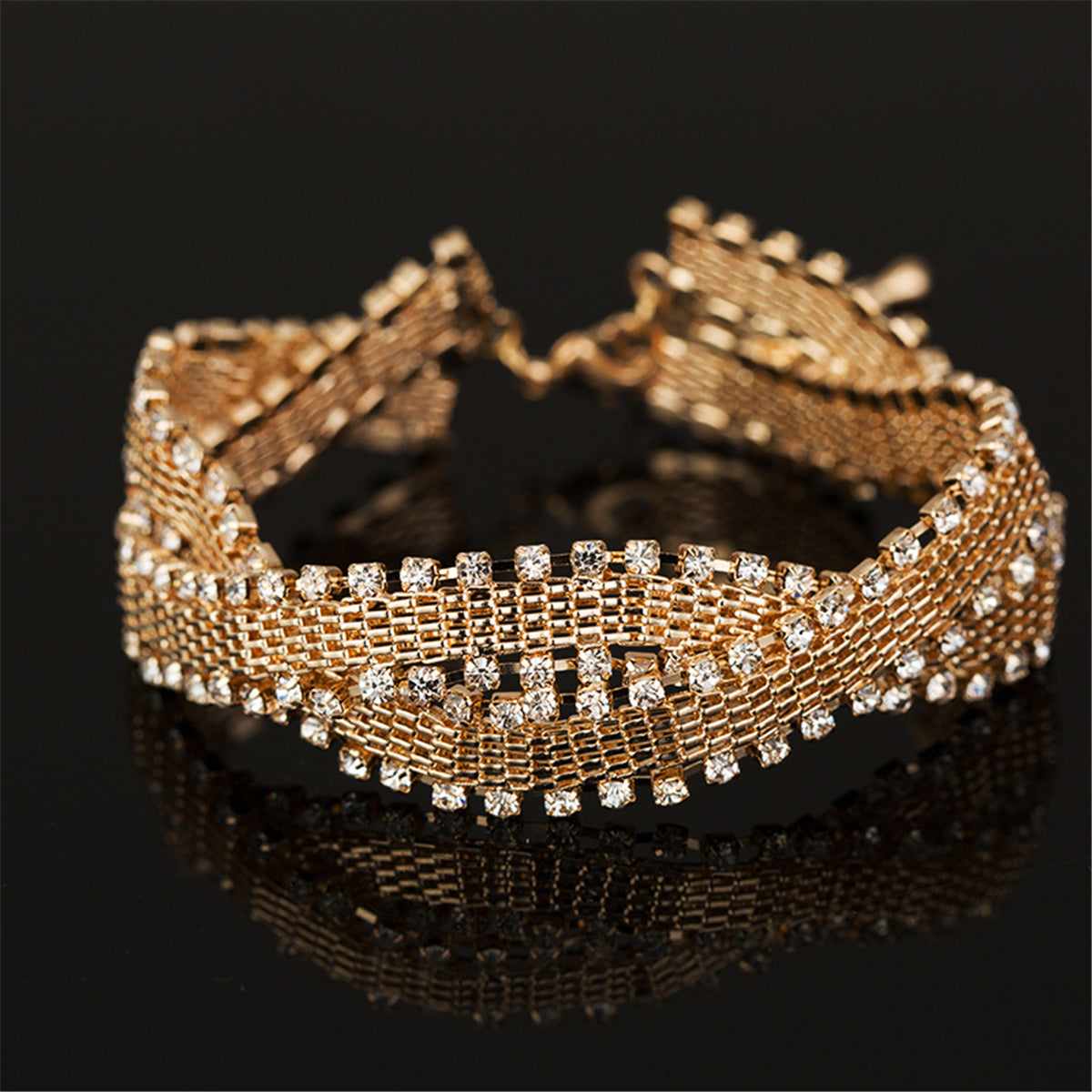 Cubic Zirconia & Goldtone Crossing Weaving Bracelet