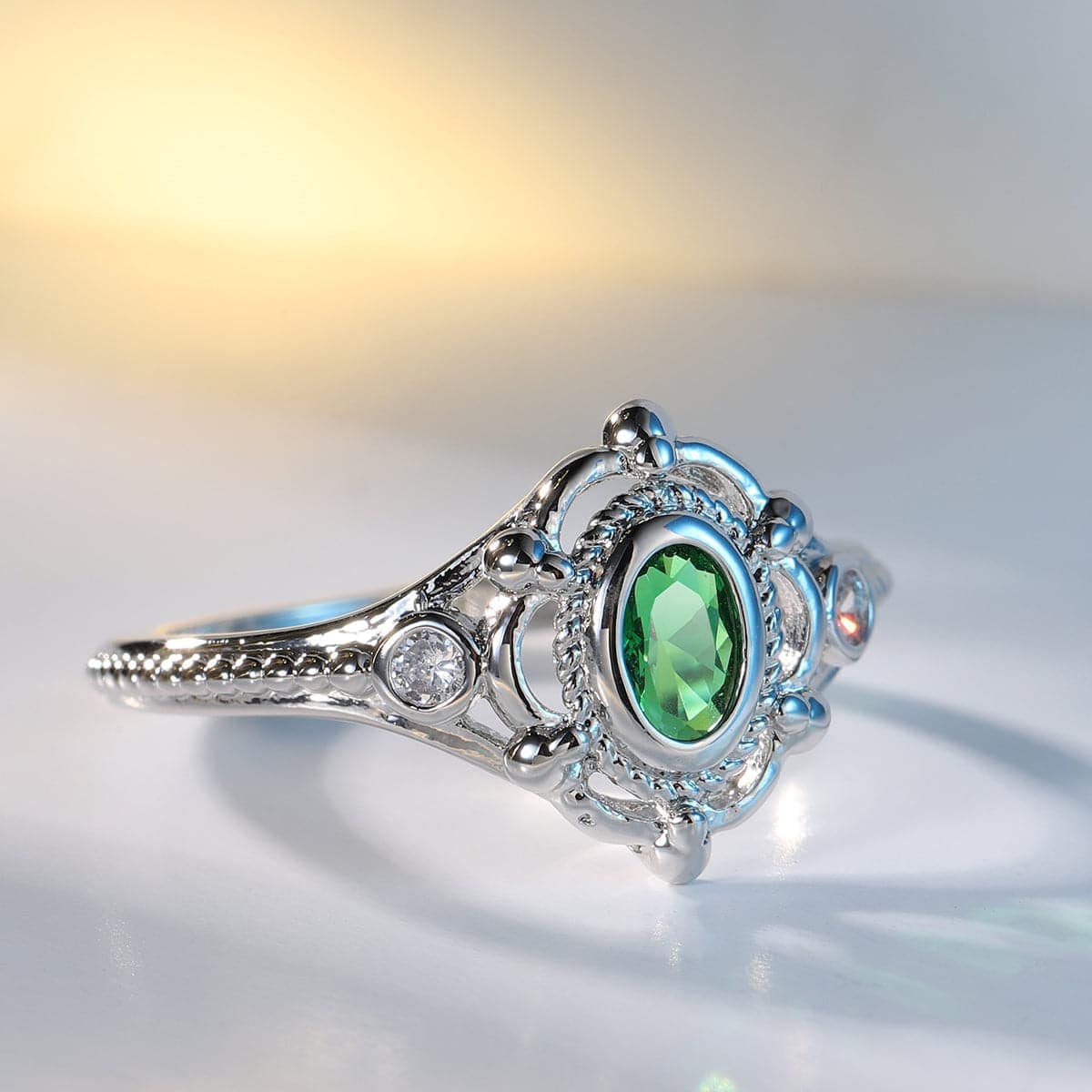 Green Crystal & Cubic Zirconia Oval Ring-3