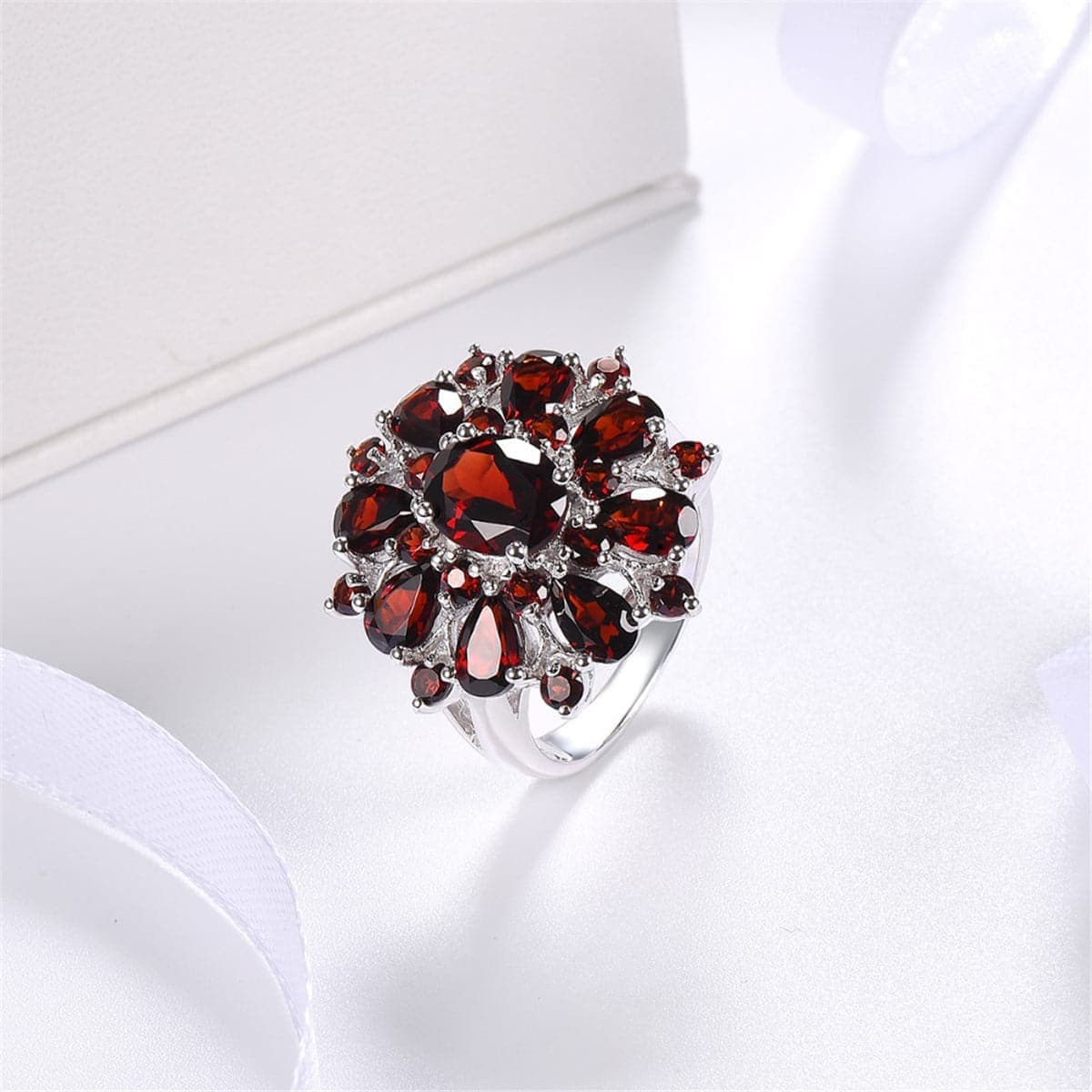 Red Crystal & Silvertone Floral Cocktail Ring