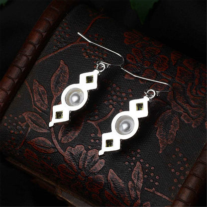 Green Crystal & Pearl Square Drop Earrings