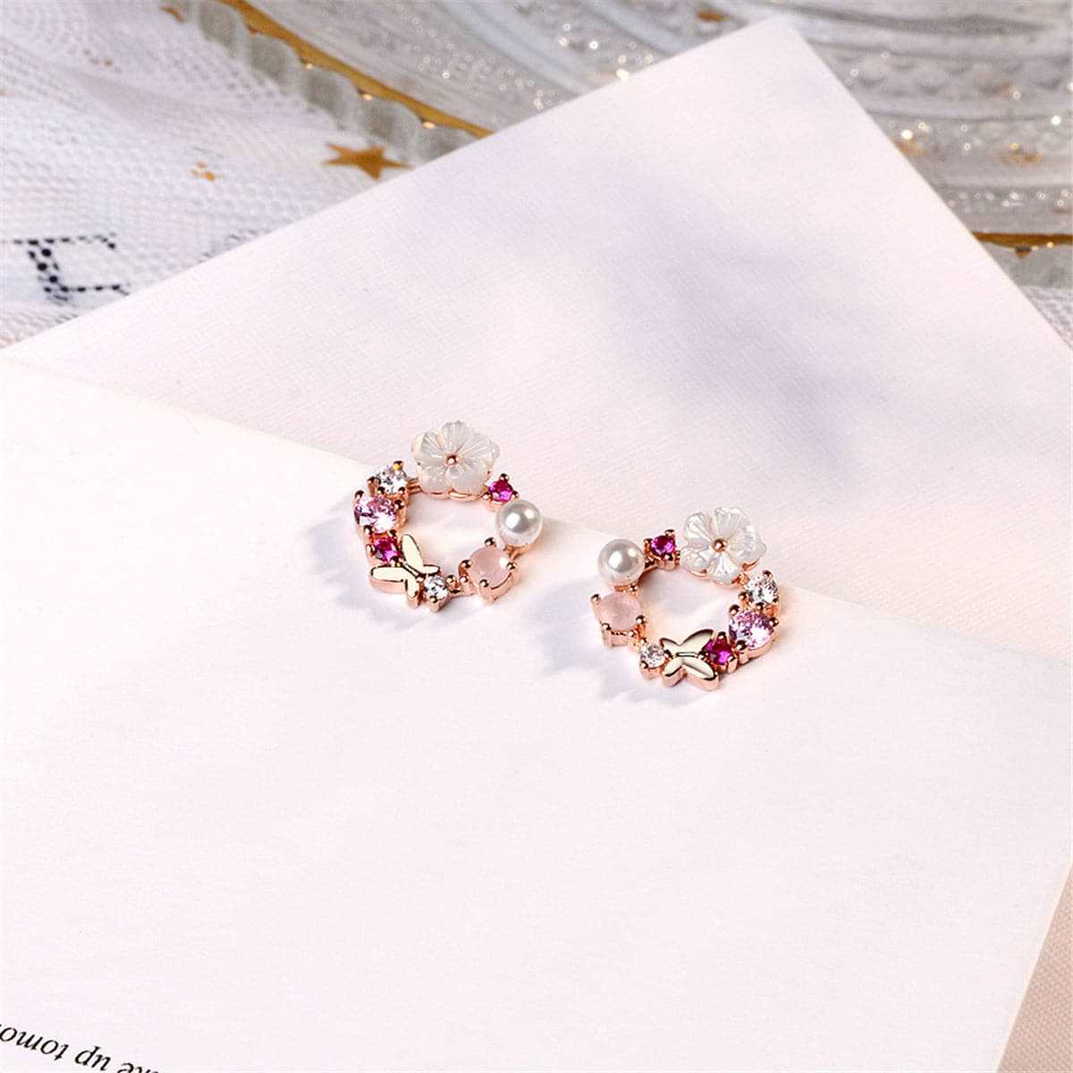 Opal & Cubic Zirconia Butterfly & Floral Stud Earrings