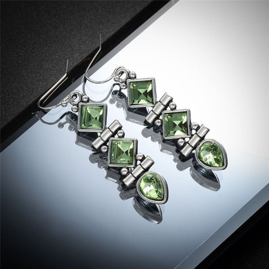 Green Crystal & Silvertone Linking Drop Earrings
