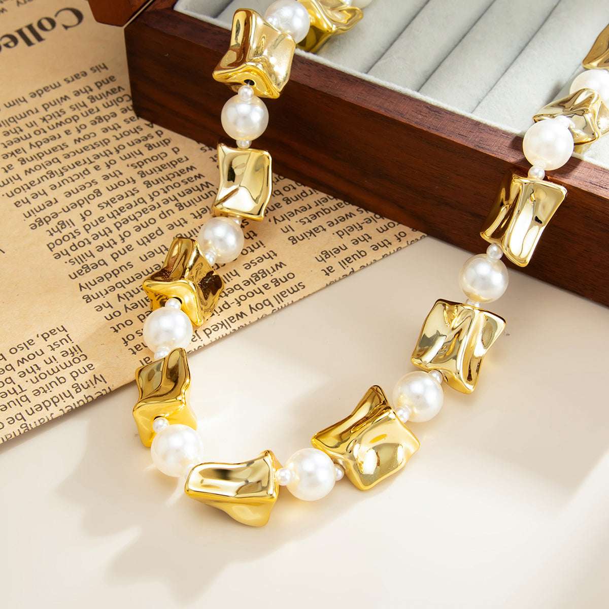 Pearl & Goldtone Ice Cube Station Necklace