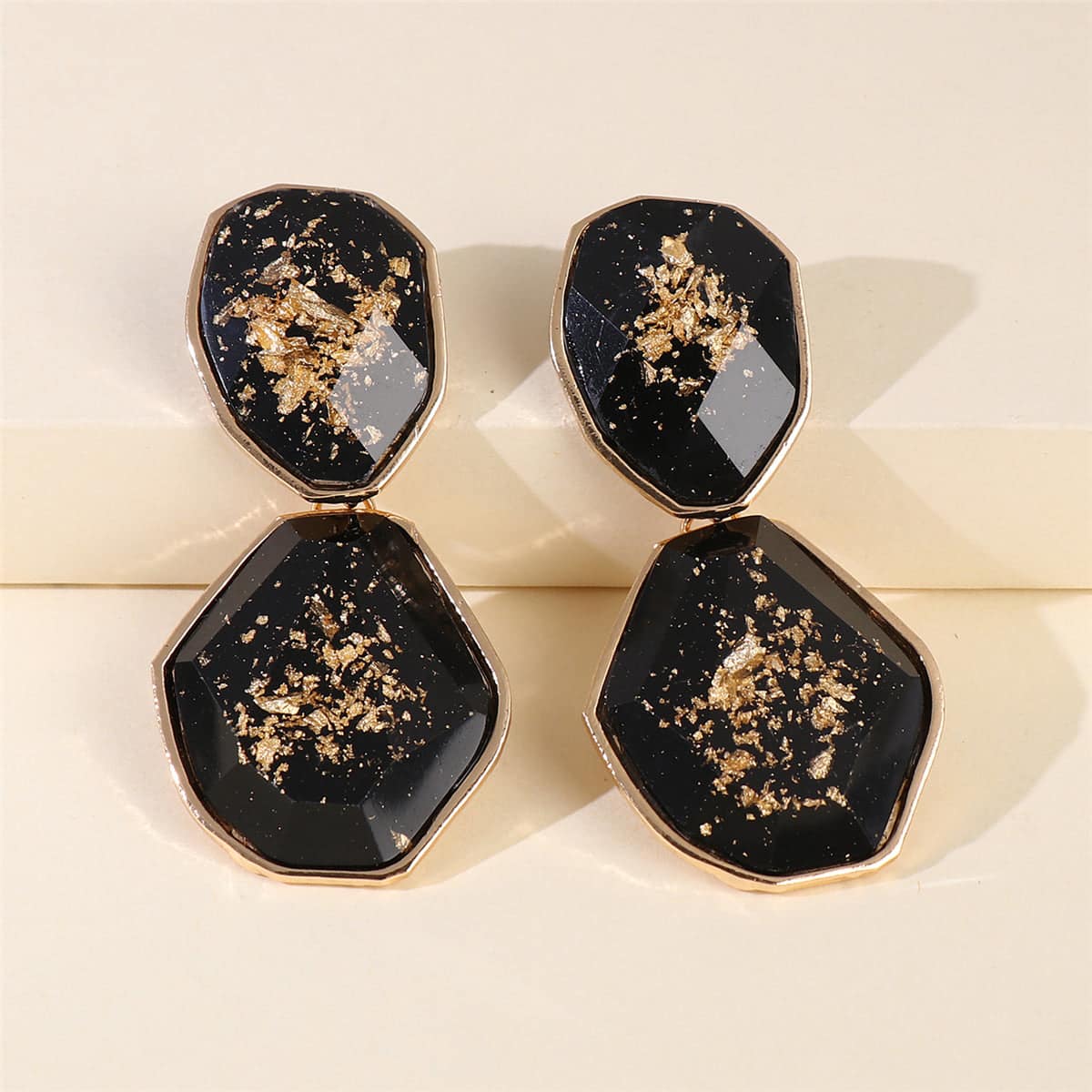 Black Resin & Goldtone Geometric Drop Earrings