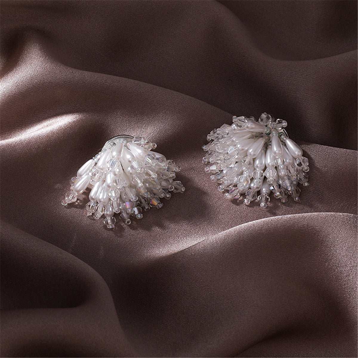 Pearl & Acrylic Silvertone Cluster Stud Earrings