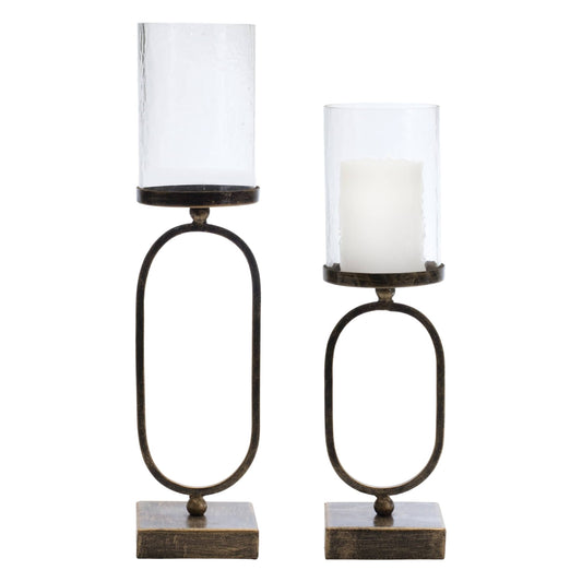 Melrose International Modern Metal Candle Holder with Glass Hurricane (Set of 2)
