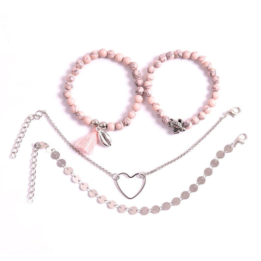 Pink Turquoise & Silvertone Beaded Stretch Bracelet Set