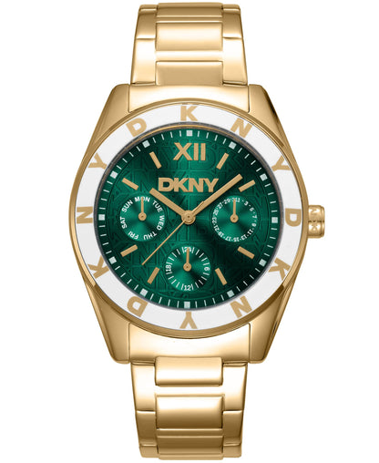 Dkny Women Watch, Gold Color Case, Dark Green Dial, Gold Color Metal Bracelet, Multi-Function, 5 Atm
