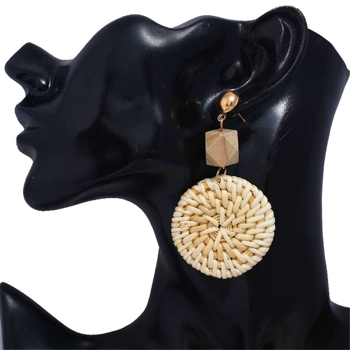 Light Wood & Rattan Round Drop Earrings