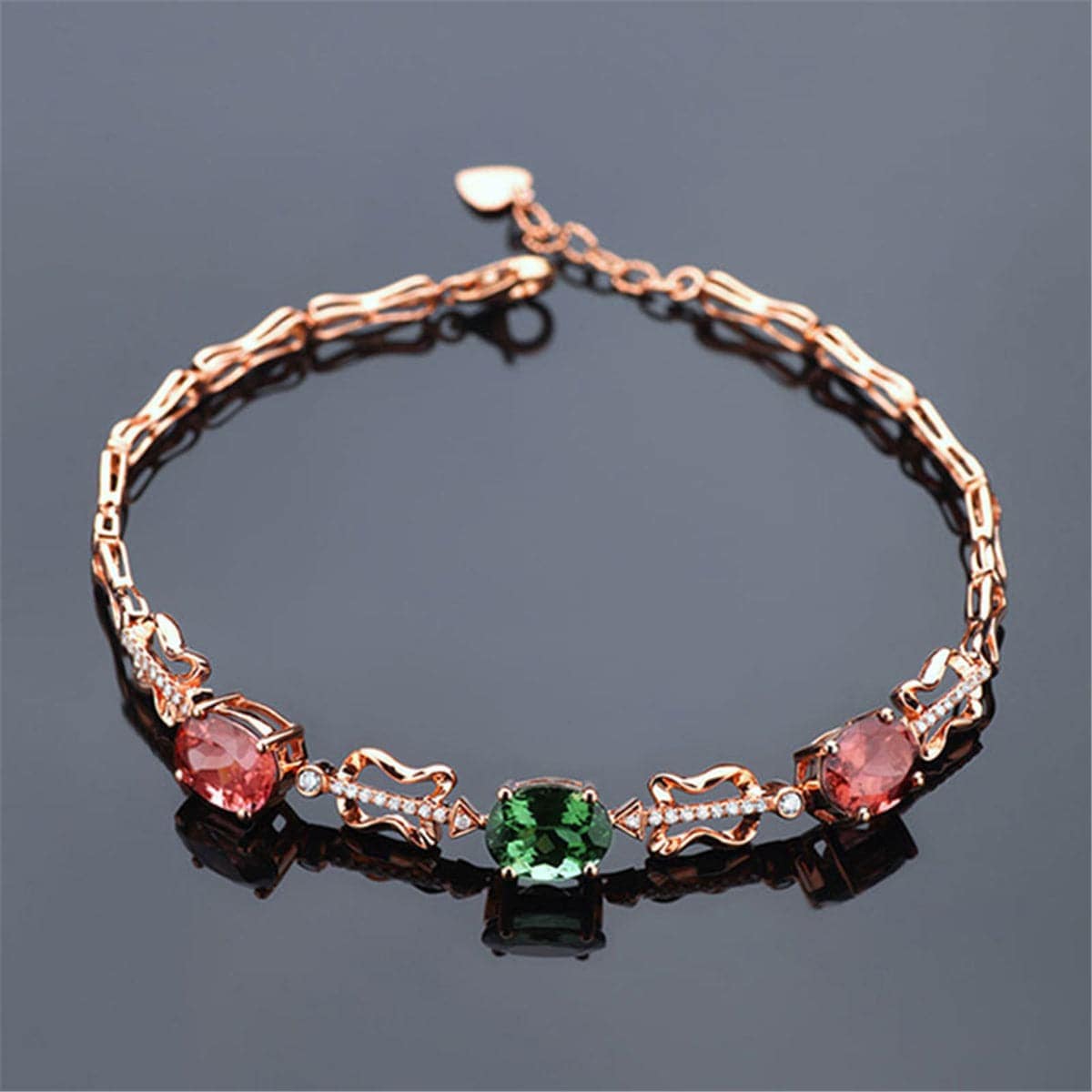Red Oval Crystal & Rose Goldtone Charm Bracelet