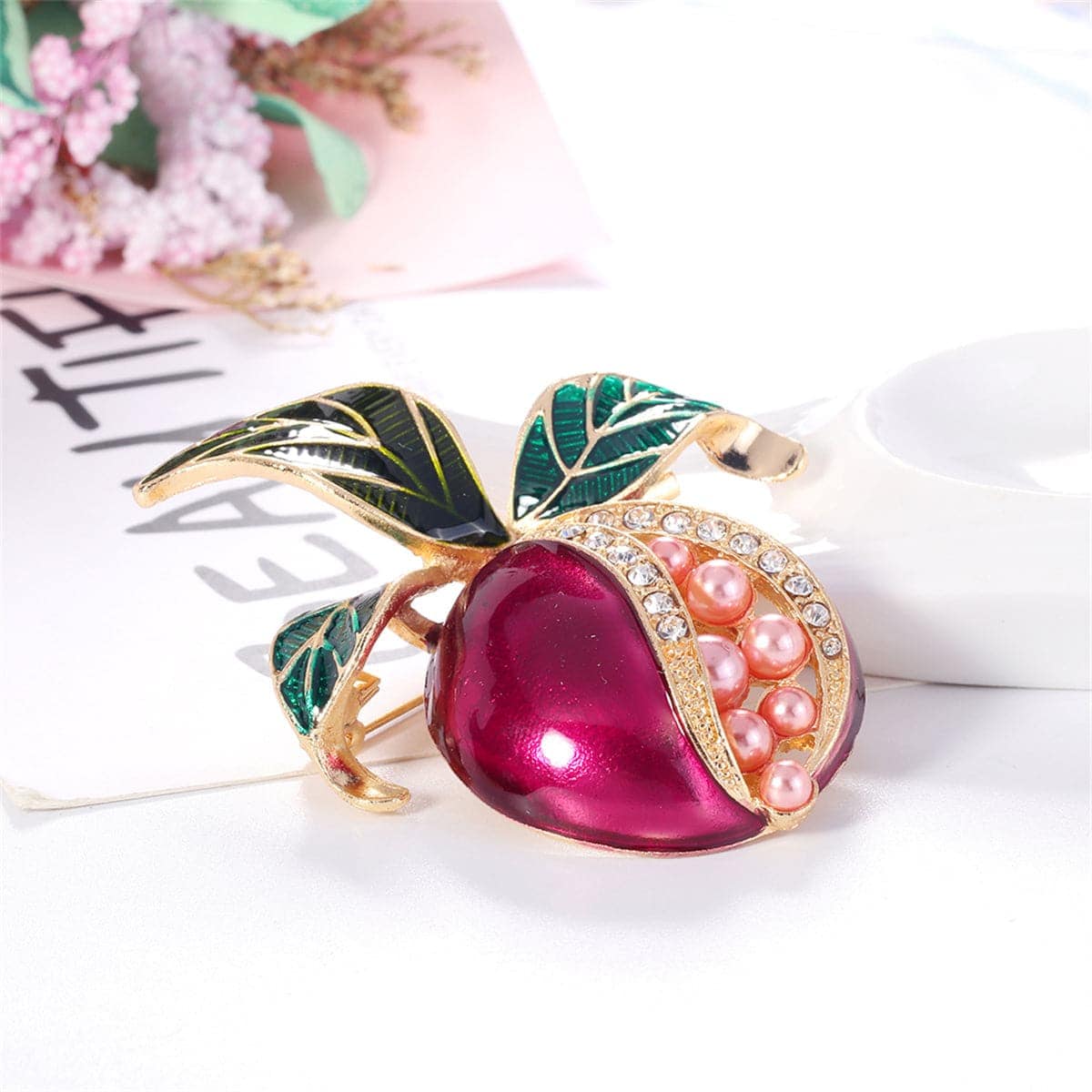 Clear Cubic Zirconia & Pearl Enamel Goldtone Pomegranate Brooch