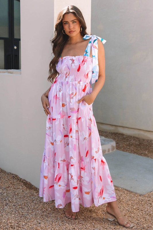 Threaded Pear Flora Floral Knotted Shoulder Smocked Maxi Dress