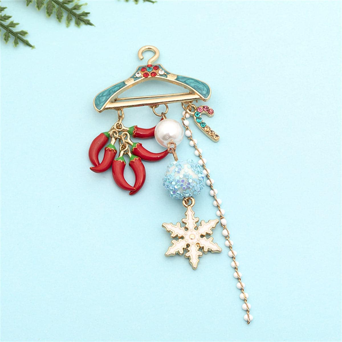 Blue Cubic Zirconia & Pearl Goldtone Hanger Snowflake Pepper Brooch
