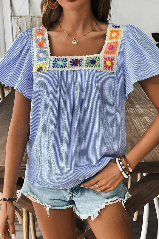 Threaded Pear Marisol Stripe Textured Ruffle Square Neck Blouse