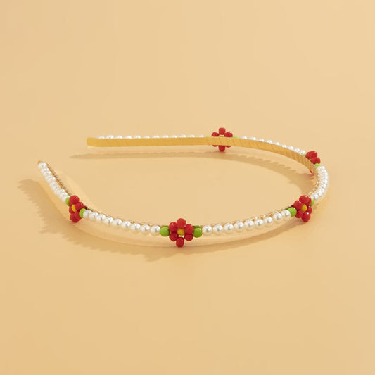 Red Howlite & Pearl Goldtone Floral Station Headband