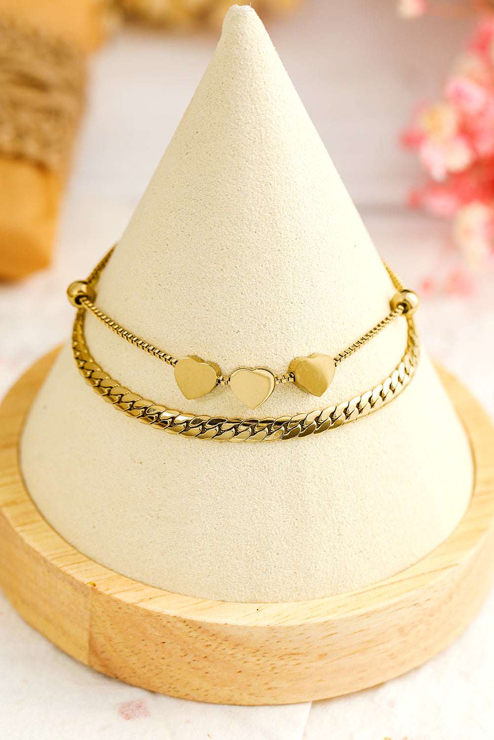 Gold Triple Heart Double Layer Adjustable Chain Bracelet - Gold / ONE SIZE