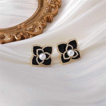 Pearl & Black Camellia Goldtone Stud Earrings