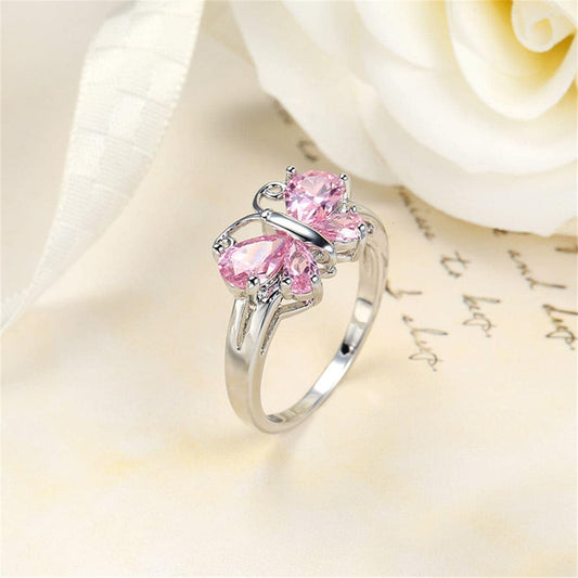 Pink Crystal & Silvertone Butterfly Ring