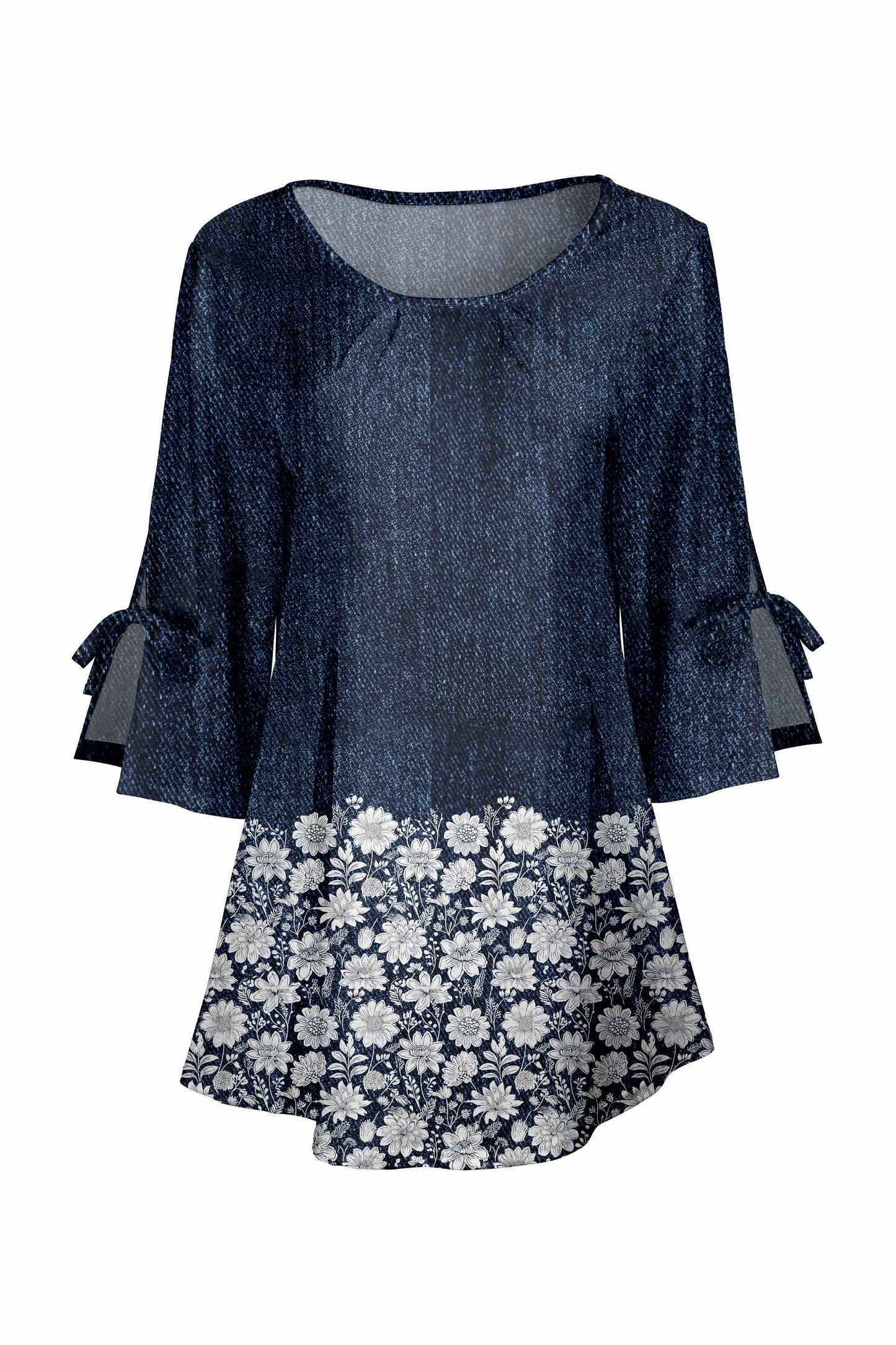 Navy Denim & White Floral Hem-