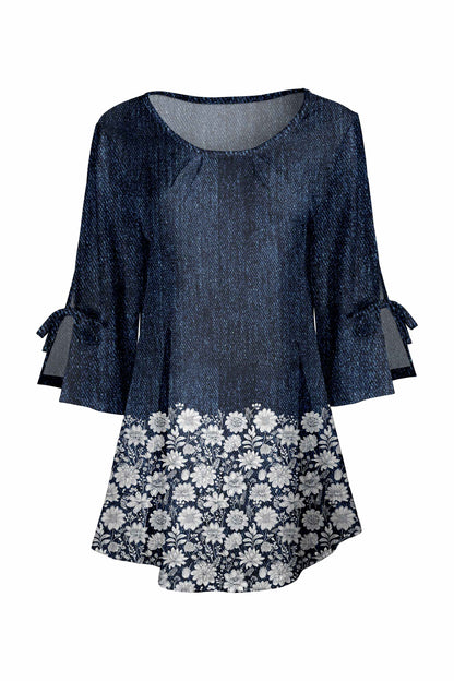 Navy Denim & White Floral Hem-