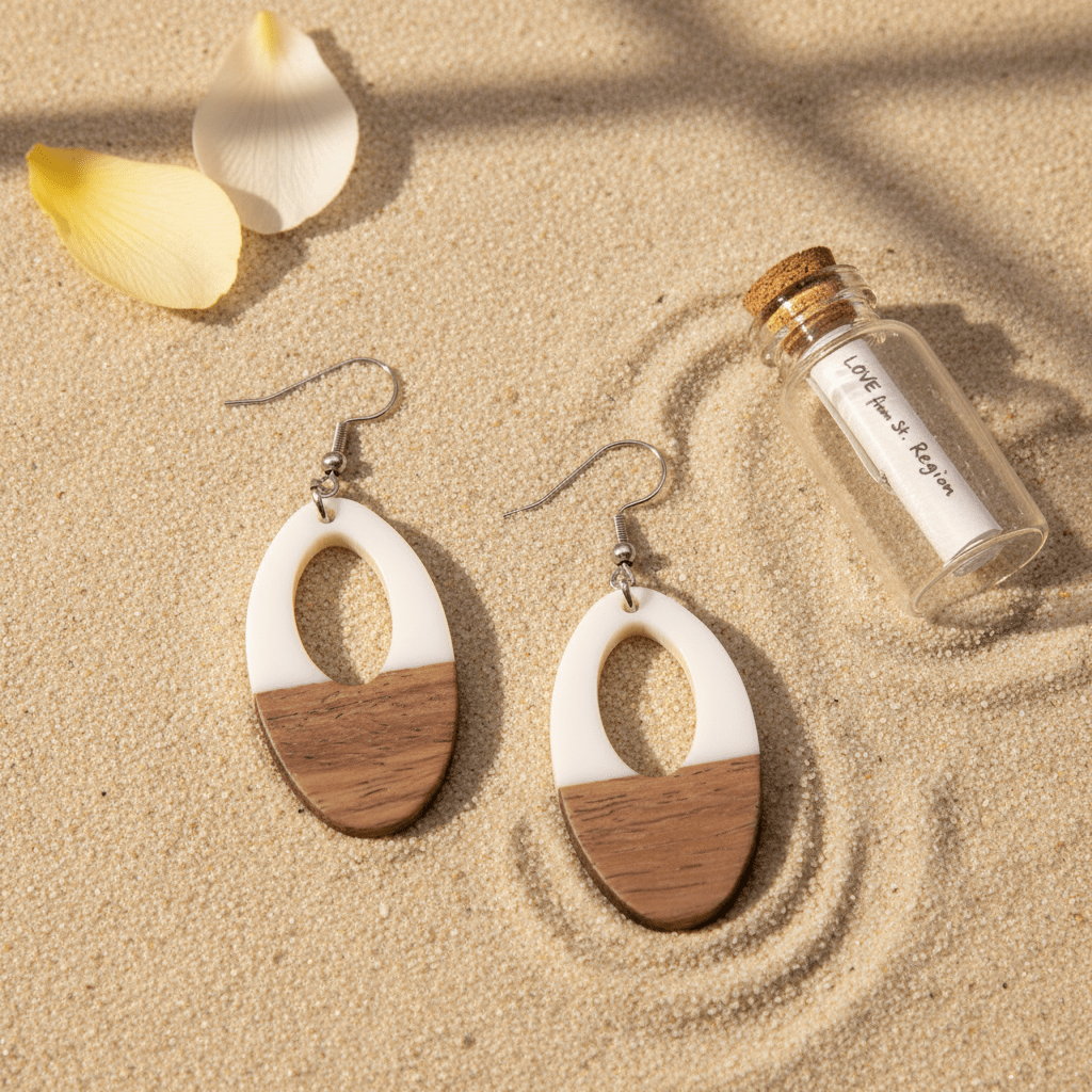 White Resin & Wood Silvertone Open Oval Hook Earrings