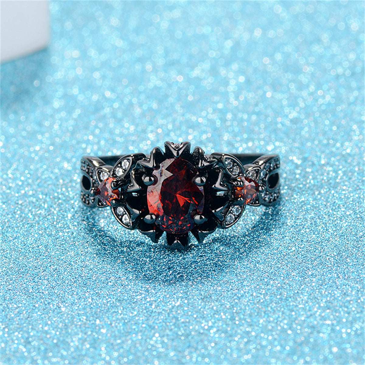 Red Crystal & Cubic Zirconia Flower Butterfly Ring-2