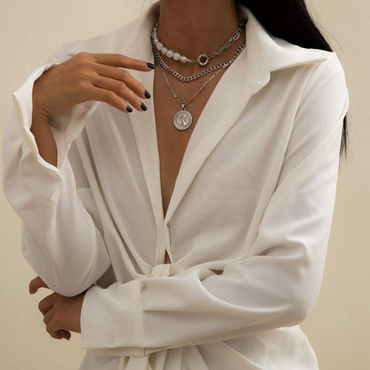 Pearl & Silvertone Coin Pendant Necklace Set