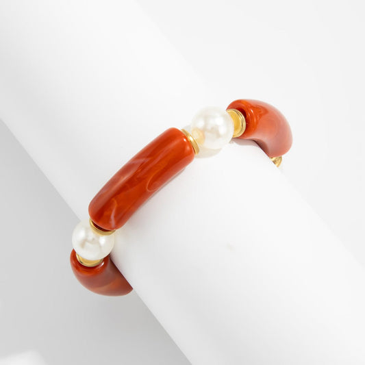 Red Resin & Pearl Goldtone Sequin Joint Stretch Bracelet