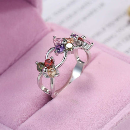 Purple Cubic Zirconia & Silvertone Floral Ring-4