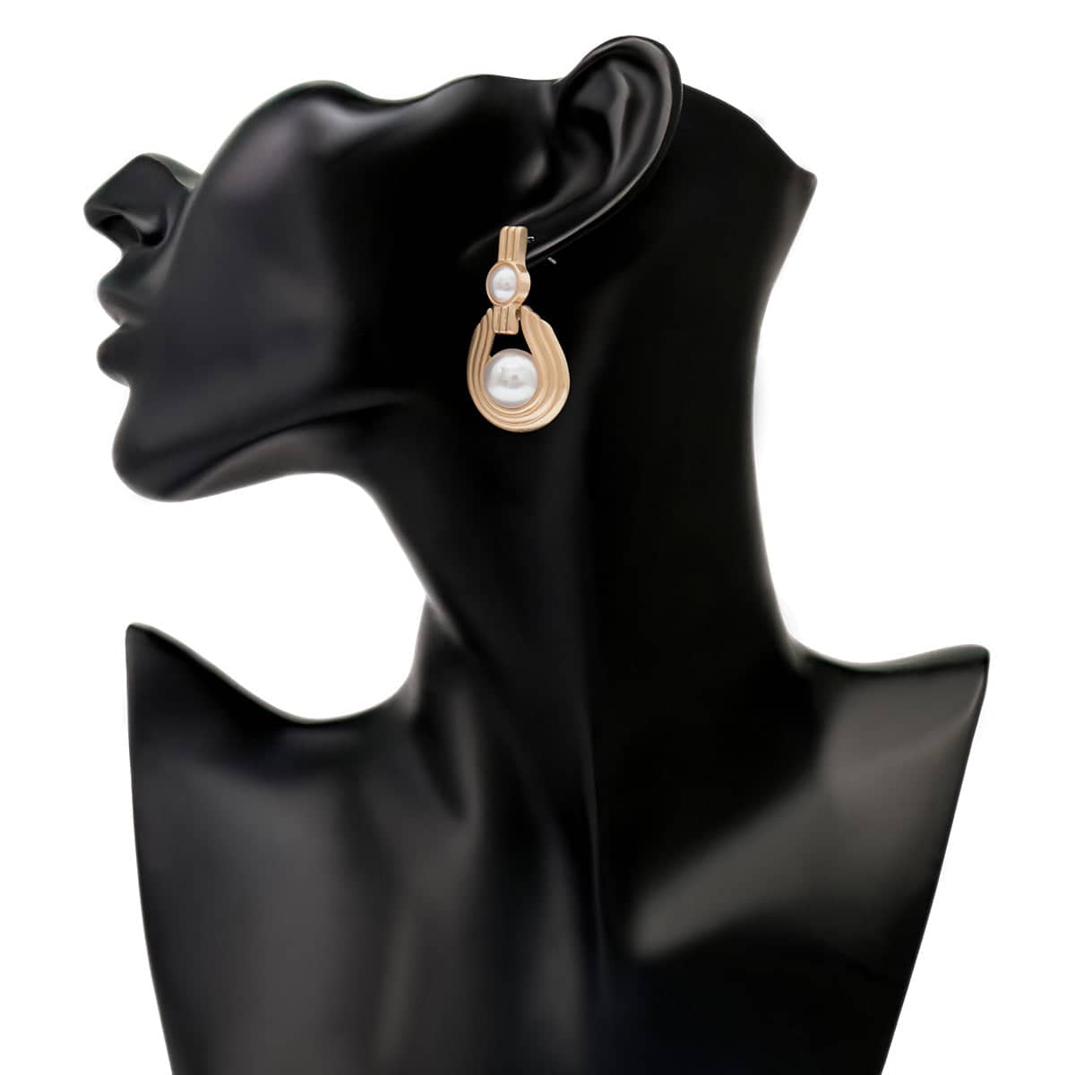 Pearl & Goldtone Textured Oval Drop Earrings