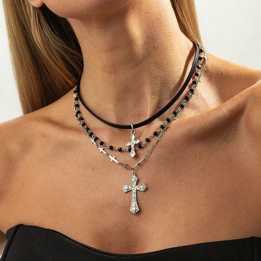 Black Polyurethane & Acrylic Silvertone Cross Pendant Layered Necklace